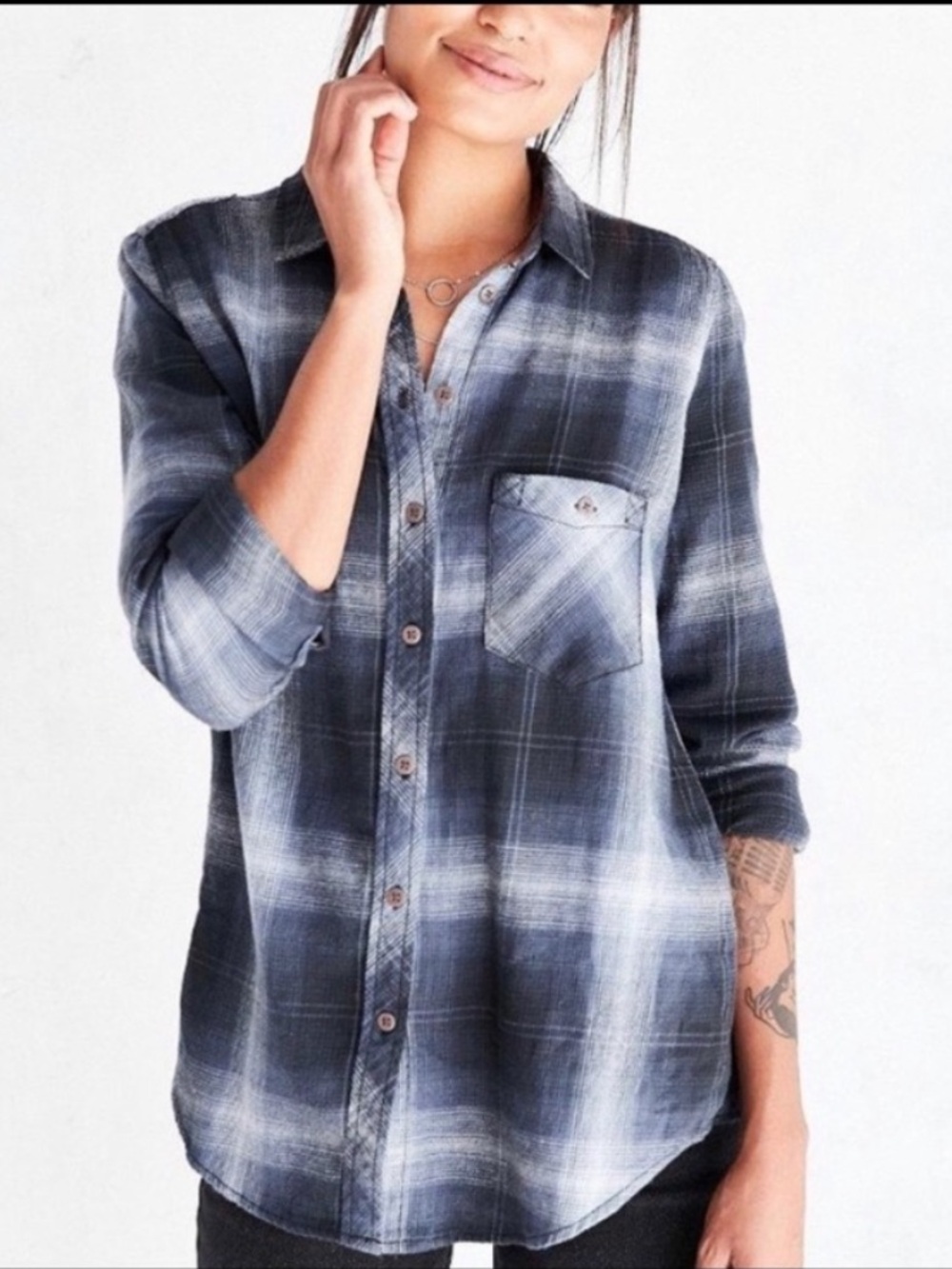 Urban Outfitters BDG Black Grey Blue Plaid Flannel Button Down Shirt